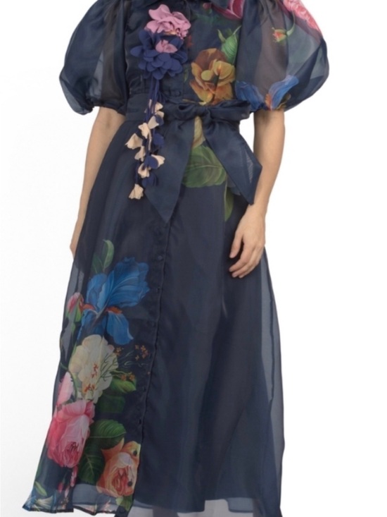 Dalia Macphee Dresses & Skirts - Navy Floral Organza Maxi Dress with Puff Sleeves